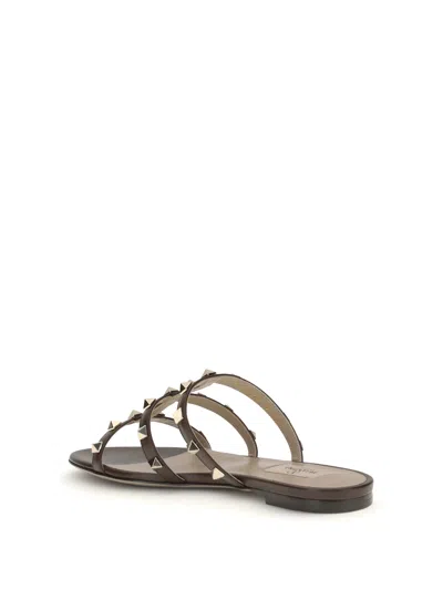 Valentino Black Calf Leather Bos Taurus Flat Sandals In Brown
