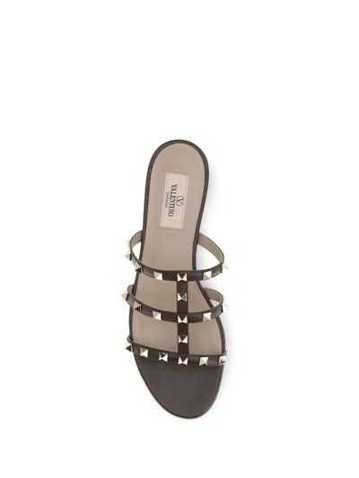 Valentino Black Calf Leather Bos Taurus Flat Sandals In Brown