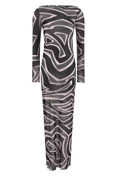 Pucci Maxi Dress With Abstract Pattern And Long Sleeves In Multi