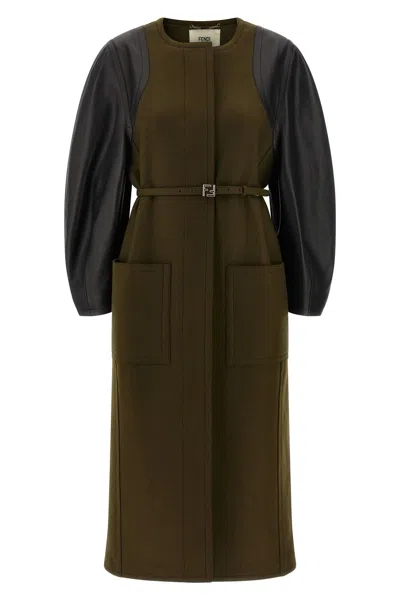 Fendi Green Wool Midi Coat With Leather Sleeves In Multi