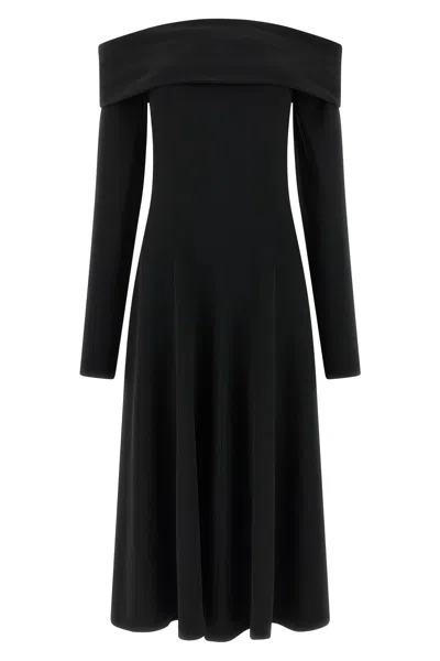Alberta Ferretti Slightly Stretch Cady Midi Dress With Off-the-shoulder Neckline In Black