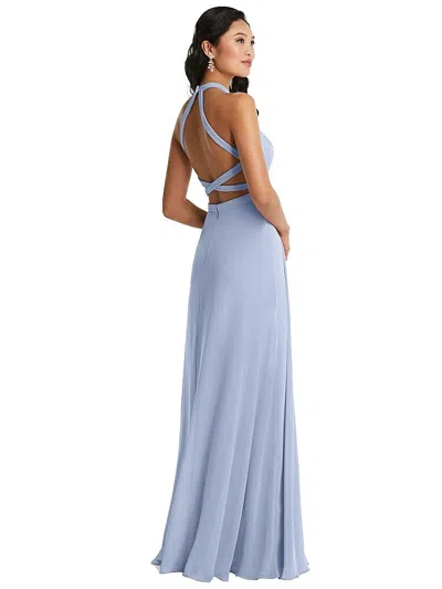 Dessy Collection Stand Collar Halter Maxi Dress With Criss Cross Open-back In Blue
