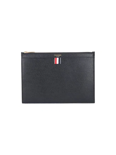 Thom Browne Rectangular Pouch In Hammered Black Leather In Black