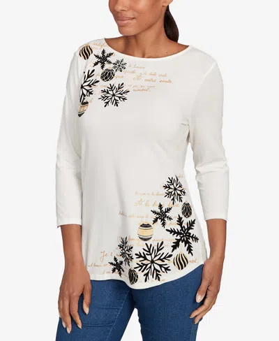 Ruby Rd. Petite Snowflake Script Knit Top In White