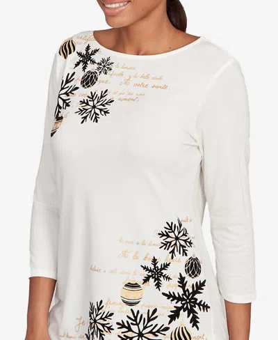 Ruby Rd. Petite Snowflake Script Knit Top In White