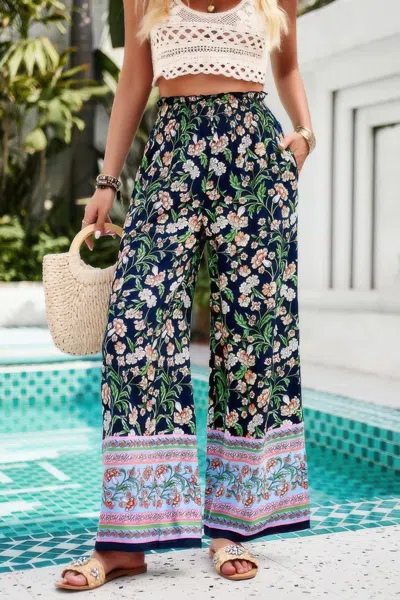 Truedames Floral Print Wide Stright Leg Pockets Elastic Pant In Multi