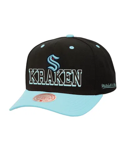 Mitchell & Ness Black/light Blue Seattle Kraken Backside Script Two-tone Pro Crown Adjustable Hat In Black