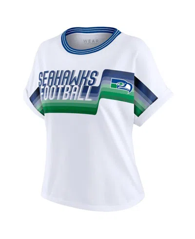 Wear By Erin Andrews Women's White Seattle Seahawks Cropped Center Stripe Dolman T-shirt In White