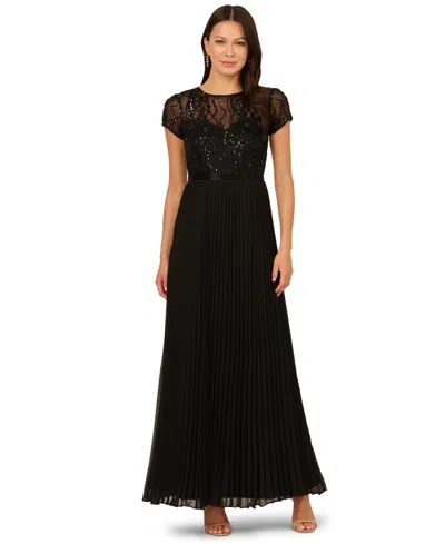 Adrianna Papell Petite Beaded Pleated Dress In Black