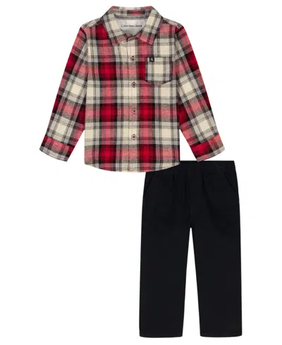 Calvin Klein Boys 2t-7 2-piece Woven Shirt And Pants Set In Multi