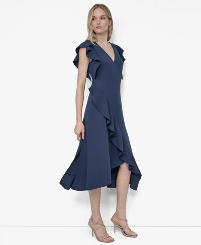 Dkny Women's Ruffle Sleeve V Neck Midi Dress In Blue