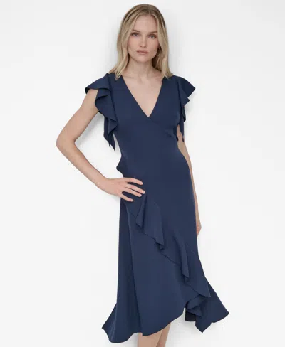 Dkny Women's Ruffle Sleeve V Neck Midi Dress In Blue