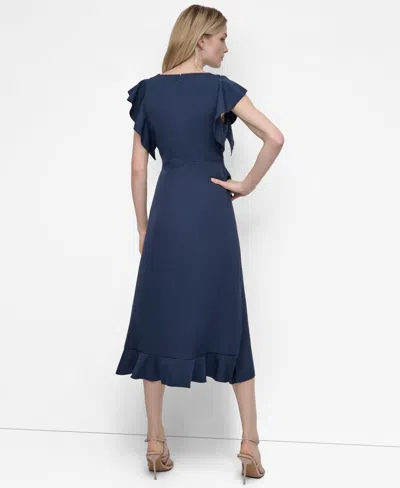 Dkny Women's Ruffle Sleeve V Neck Midi Dress In Blue