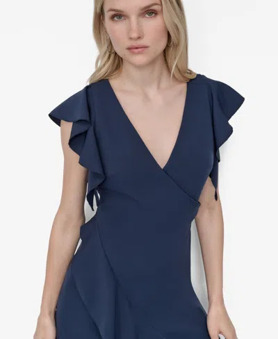 Dkny Women's Ruffle Sleeve V Neck Midi Dress In Blue