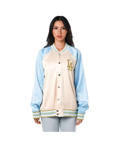 The Wild Collective Women's Cream Los Angeles Dodgers Oversized Satin Raglan Full-snap Bomber Jacket In White