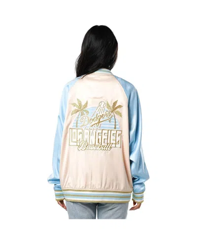 The Wild Collective Women's Cream Los Angeles Dodgers Oversized Satin Raglan Full-snap Bomber Jacket In White