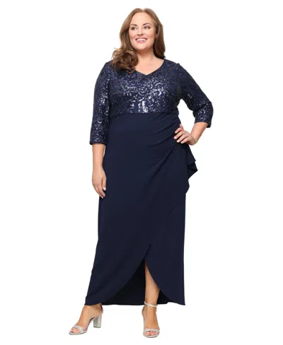 Sl Fashions Sequin Bodice Scuba Crepe Mixed Media Gown In Blue