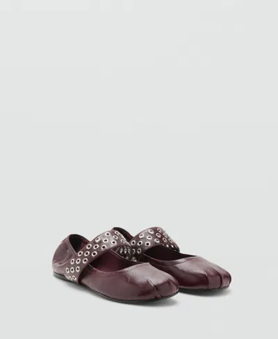 Mango Leather Eyelet Strap Toe Detail Flat Shoe In Burgundy