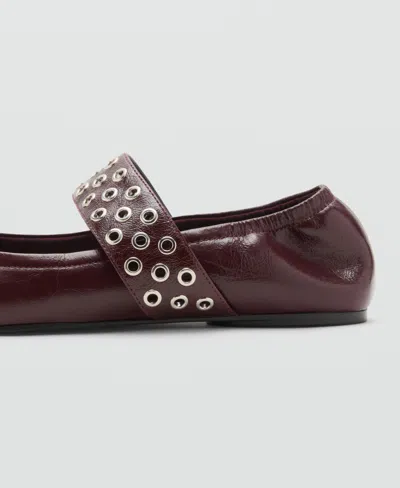 Mango Leather Eyelet Strap Toe Detail Flat Shoe In Burgundy