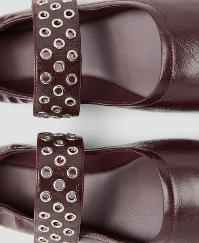 Mango Leather Eyelet Strap Toe Detail Flat Shoe In Burgundy