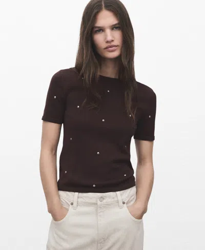 Mango Fine Knitted T-shirt With Studs In Brown