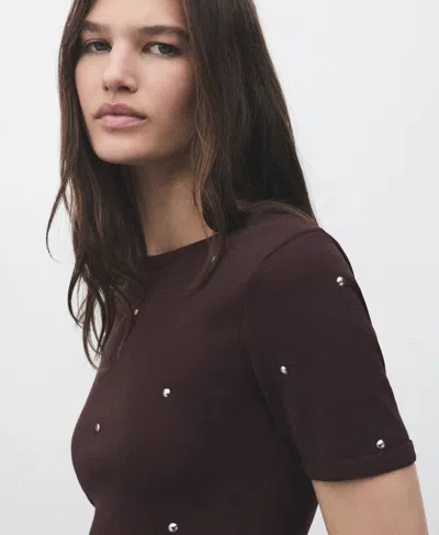 Mango Fine Knitted T-shirt With Studs In Brown