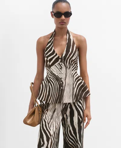 Mango Zebra Print Linen Vest Chocolate In Brown