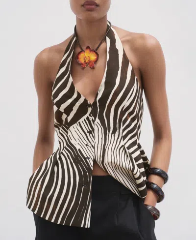 Mango Zebra Print Linen Vest Chocolate In Brown