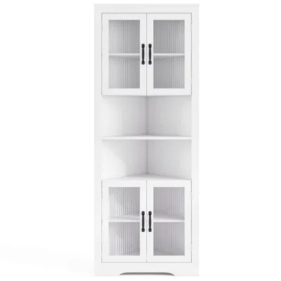 Hivvago 67 Inch Tall Corner Cabinet Triangular Buffet Cabinet With Tempered Glass Doors In White