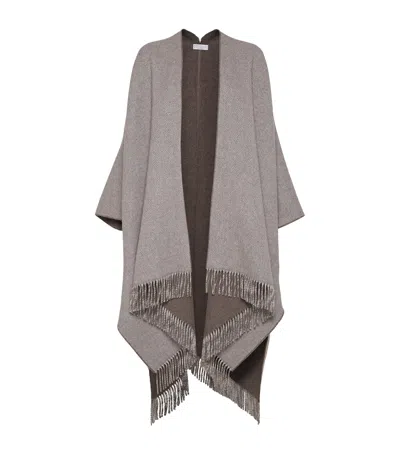 Brunello Cucinelli Herringbone-pattern Fringed Poncho In Brown