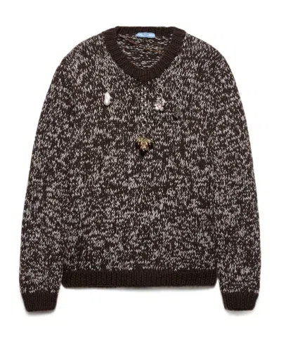 Prada Melange Wool Crewneck Sweater With Pendants In Multi