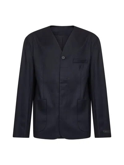 Jacquemus Collarless Patch-pocket Jacket In Blue