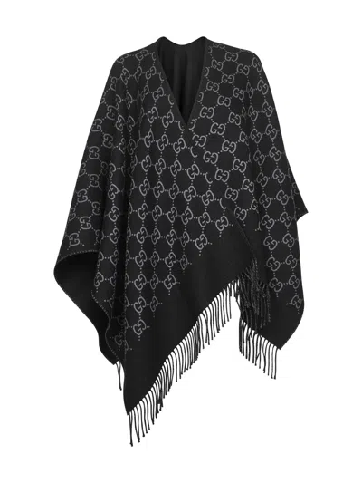 Gucci Women Black Cape With Fringed Hem In Gg Wool Jacquard Woman In Black