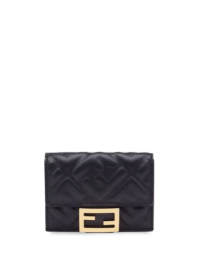 Fendi Nappa Leather Baguette Micro Trifold Wallet In Black