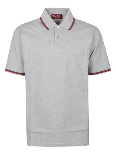 Gucci Grey Polo Shirt With Web Details And Logo Lettering On The Front In Wool Blend Man In Gray