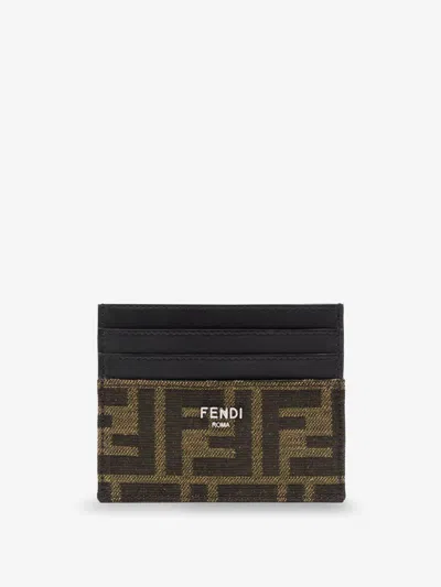 Fendi Men Leather Card Holder With Ff Jacquard Fabric Inserts In Brown