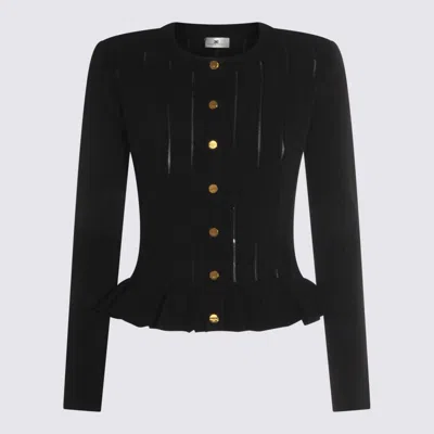Elisabetta Franchi Tricot Pattern Sweater With Padded Shoulder Straps And Embroidered Hem In Black