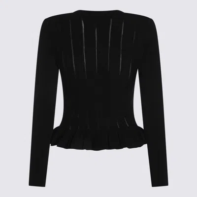 Elisabetta Franchi Tricot Pattern Sweater With Padded Shoulder Straps And Embroidered Hem In Black