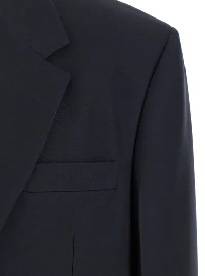 Gucci Men Dark Grey Jacket With Chest Pocket And Embossed Logo In Wool Gabardine Man In Blue