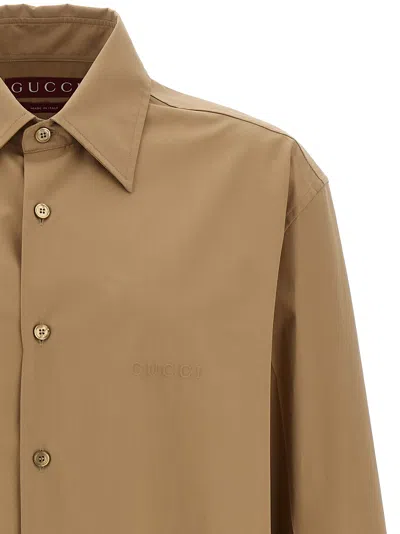 Gucci Beige Shirt With Classic Collar And Tonal Logo Lettering Embroidery On The Front In Cotton Man In Neutral