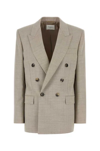 Saint Laurent Double-breasted Wool Blazer Peak Lapels In Green