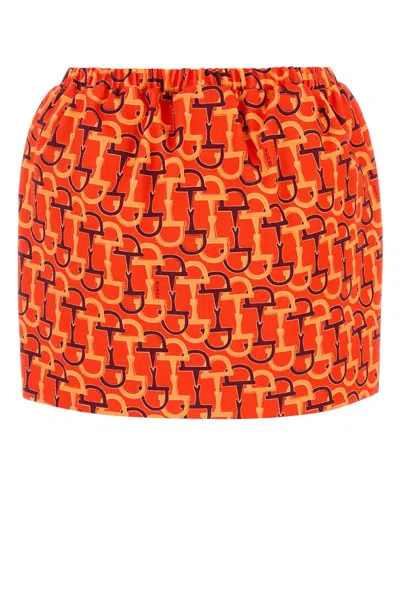 Gucci Orange Skirt With Elastic Waist And All-over Horsebit Print In Cotton Woman In Orange