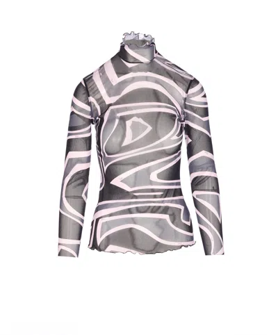 Pucci Semi Sheer Printed Long-sleeved High-neck Top In Multi