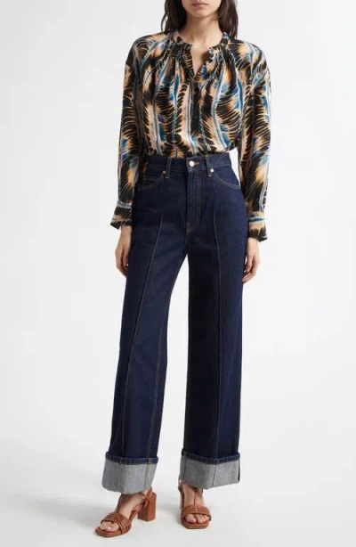 Ulla Johnson Nehir Abstract Leaf Print Silk Button-up Shirt In Blue