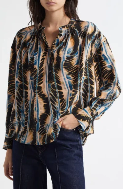 Ulla Johnson Nehir Abstract Leaf Print Silk Button-up Shirt In Blue