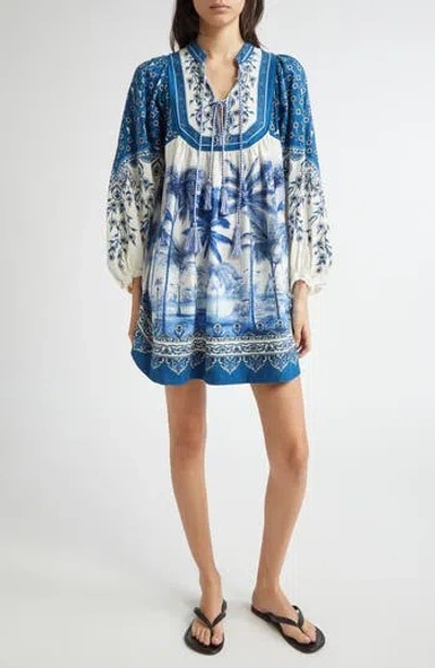 Farm Rio Off-white Palm Tree Beach Mini Dress In Palm Tree Beach Off-white