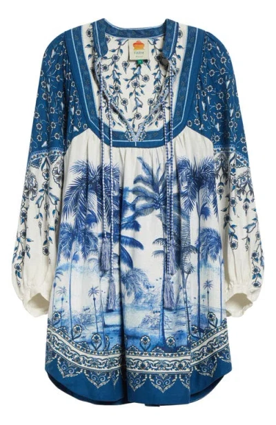 Farm Rio Off-white Palm Tree Beach Mini Dress In Palm Tree Beach Off-white