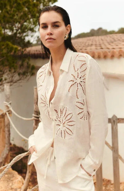 Rails Samar Floral Embroidery Detail Linen Blend Button-up Shirt In White