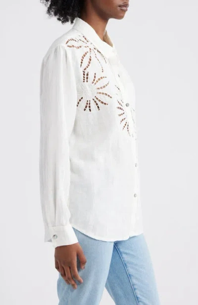 Rails Samar Floral Embroidery Detail Linen Blend Button-up Shirt In White