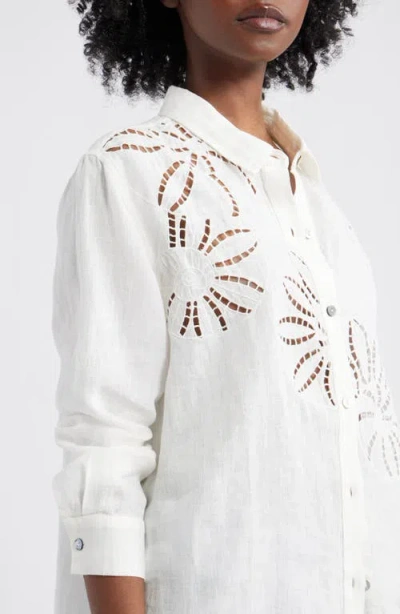 Rails Samar Floral Embroidery Detail Linen Blend Button-up Shirt In White